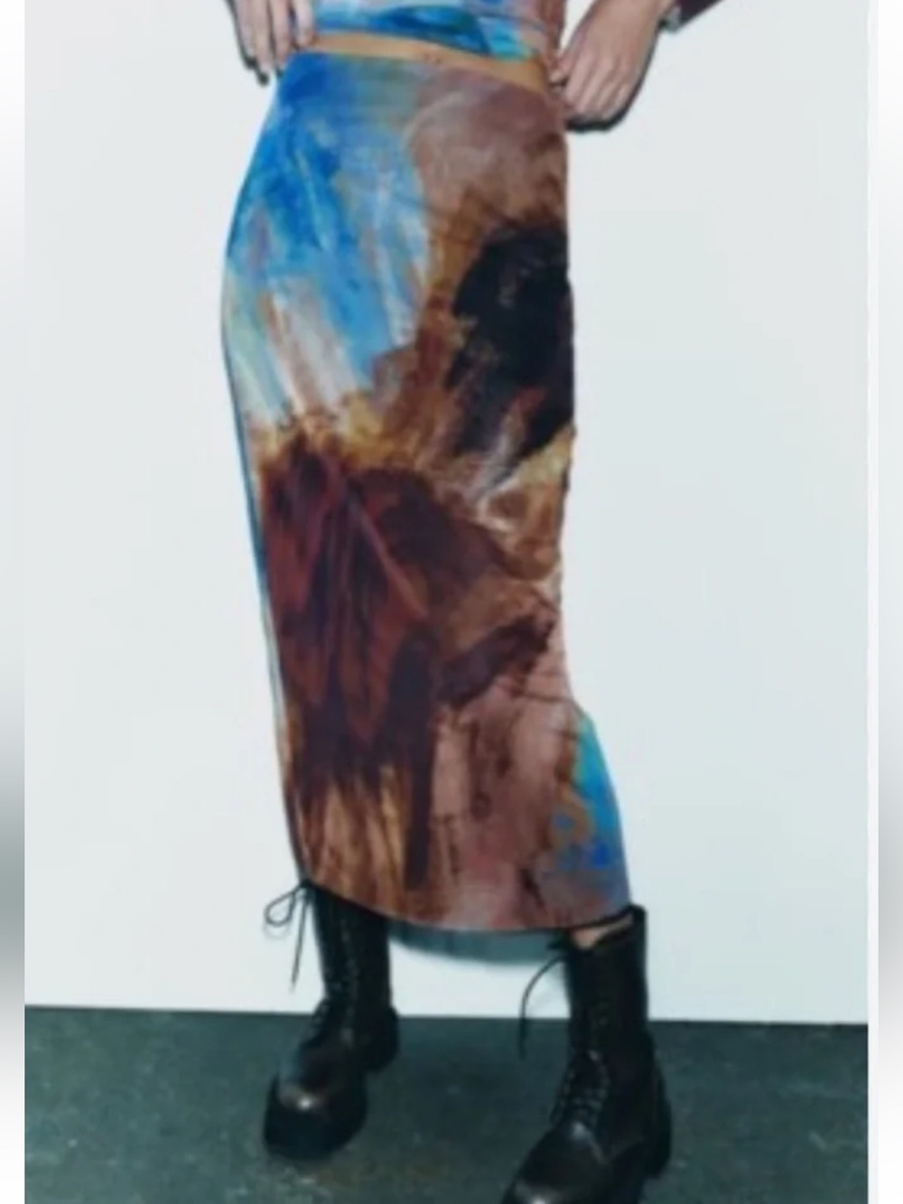Zara Mesh Blue and Brown Abstract Midi Skirt, M